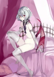 Rule 34 | 1girl, bad id, bad pixiv id, bat wings, breasts, brown eyes, curtains, detached collar, elbow gloves, fakepucco, gloves, grey gloves, grey thighhighs, hair between eyes, hand on own knee, highres, knee up, looking at viewer, neck ribbon, nipples, nude, on bed, petite, pink eyes, purple neckwear, remilia scarlet, silver hair, sitting, sketch, small breasts, solo, thighhighs, touhou, undone neck ribbon, vampire, wings