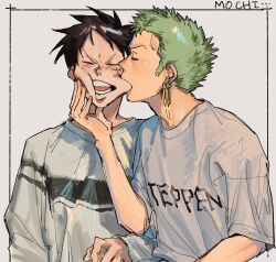 Rule 34 | 2boys, biting, black eyes, black hair, cheek biting, closed eyes, couple, earrings, facial scar, green hair, grey background, grey shirt, hands on another&#039;s face, highres, jewelry, long sleeves, male focus, monkey d. luffy, multiple boys, nsozp, one piece, open mouth, print shirt, profile, roronoa zoro, scar, scar on cheek, scar on face, shirt, short hair, sideburns, simple background, single earring, upper body, yaoi