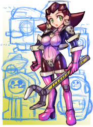 Rule 34 | 1girl, adapted costume, between breasts, bodysuit, boots, breasts, brown hair, capcom, covered navel, earrings, elbow gloves, female focus, full body, gloves, green eyes, hands on own hips, high heels, highres, hip focus, holding, holding wrench, jacket, jewelry, large breasts, legs apart, leotard, looking at viewer, mega man (series), mega man legends (series), oomasa teikoku, open mouth, pantyhose, pink footwear, pink gloves, skin tight, skull earrings, solo, thigh boots, thighhighs, tools, tron bonne (mega man), wrench