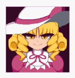 Rule 34 | 1girl, :&gt;, black background, blonde hair, closed mouth, commentary request, drill hair, drill sidelocks, elly (touhou), hat, hat ribbon, looking at viewer, lowres, pixel art, red ribbon, ribbon, sidelocks, simple background, solo, touhou, touhou (pc-98), upper body, white hat, yado taityou, yellow eyes