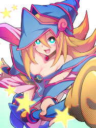 Rule 34 | 1girl, absurdres, bare shoulders, blonde hair, blue footwear, blue hat, blush stickers, breasts, cleavage, collar, collarbone, dark magician girl, duel monster, green background, green eyes, hair between eyes, hat, highres, holding, holding wand, large breasts, long hair, open mouth, pakotaroh, pentacle, showgirl skirt, solo, star (symbol), wand, white background, witch hat, yu-gi-oh!