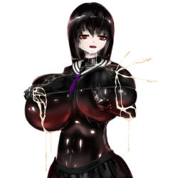 Rule 34 | black hair, black skirt, bodysuit, breast milk, breasts, keteru yamiko, lactation, lactation through clothes, large breasts, red eyes, scp-835-jp, scp foundation, skirt, thick thighs, thighs, yandere