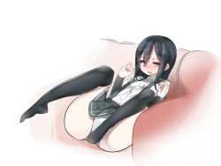 Rule 34 | 10s, 1girl, alternate eye color, arm warmers, asashio (kancolle), bad id, bad pixiv id, black hair, black thighhighs, blush, couch, dress shirt, green eyes, highres, kantai collection, long hair, mitsudoue, open mouth, panties, pleated skirt, school uniform, shirt, skirt, solo, spread legs, suspenders, thighhighs, underwear, white panties