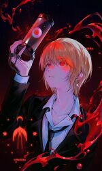 1boy black_jacket black_necktie blonde_hair blood chain closed_mouth collared_shirt commentary_request earrings eyeball hair_between_eyes highres holding hunter_x_hunter jacket jewelry kiko kurapika long_sleeves male_focus necktie red_eyes shirt simple_background single_earring solo twitter_username upper_body white_shirt