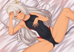 Rule 34 | 1girl, :q, absurdres, armpits, black one-piece swimsuit, blush, breasts, competition swimsuit, dark-skinned female, dark skin, dragon girl, dragon horns, dragon tail, fingernails, hair intakes, highleg, highleg swimsuit, highres, horns, long hair, looking at viewer, lying, nail polish, navel, on bed, one-piece swimsuit, original, pillow, red eyes, red nails, red one-piece swimsuit, sharp fingernails, silver hair, small breasts, smile, solo, spread legs, swimsuit, tail, takunomi, tongue, tongue out, ursula (takunomi), white one-piece swimsuit