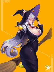 Rule 34 | 1girl, black gloves, black skirt, blue hair, breasts, broom, character name, circe (last origin), cleavage, flask, gloves, green eyes, hair between eyes, hat, highres, huge breasts, last origin, long hair, long skirt, looking at viewer, md5 mismatch, necktie, open mouth, orange background, potion, skirt, smile, solo, toriseru (rare stone), very long hair, witch, witch hat, yellow background