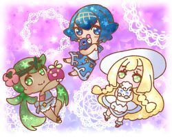 Rule 34 | 3girls, alolan form, alolan vulpix, arm up, bare shoulders, blonde hair, blue eyes, blue hair, blue pants, blue sailor collar, blue one-piece swimsuit, blush, bounsweet, braid, chibi, commentary request, creatures (company), dark-skinned female, dark skin, dress, female focus, flower, full body, game freak, gen 7 pokemon, green eyes, green hair, green hairband, hair flower, hair ornament, hairband, happy, hat, holding, holding pokemon, hug, lana (pokemon), lillie (pokemon), long hair, looking at viewer, mallow (pokemon), matching hair/eyes, muguet, multiple girls, nintendo, one-piece swimsuit, open mouth, outstretched arm, overalls, pants, pink flower, pink shirt, pokemon, pokemon (anime), pokemon (creature), pokemon sm (anime), popplio, purple background, sailor collar, shirt, sleeveless, sleeveless dress, sleeveless shirt, smile, socks, standing, star (symbol), sun hat, swimsuit, swimsuit under clothes, twin braids, twintails, very long hair, white dress, white headwear, white shirt, yellow eyes, yellow hairband