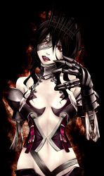 Rule 34 | 1girl, amputee, armor, bandages, black hair, blood, brown hair, fantasy earth, fantasy earth zero, gauntlets, highres, lipstick, long hair, looking at viewer, makeup, mr.romance, open mouth, red eyes, solo, square enix, tongue, veins