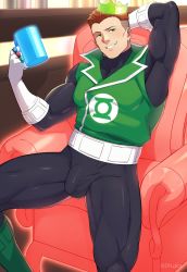 Rule 34 | arms behind head, bara, belt, black bodysuit, bodysuit, boots, bulge, commission, crown, cup, dc comics, gloves, green eyes, green footwear, green jacket, green lantern, green lantern (series), guy gardner, highres, holding, holding cup, jacket, jewelry, large pectorals, male focus, multiple rings, muscular, muscular male, orange hair, pectorals, ring, short hair, sitting, sleeveless, sleeveless jacket, smile, teeth, thick thighs, thighs, undercut, white belt, white gloves, zink (zink mchn)