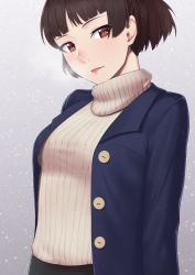Rule 34 | 1girl, arms at sides, blue jacket, breasts, breath, brown hair, brown sweater, buttons, casual, closed mouth, grey background, highres, jacket, long sleeves, medium breasts, niijima makoto, open clothes, open jacket, persona, persona 5, persona 5 the royal, putcher, red lips, short hair, smile, solo, sweater, turtleneck, turtleneck sweater, unbuttoned, upper body
