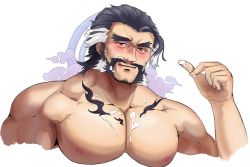 Rule 34 | 1boy, bara, black hair, blush, daikoku (housamo), halo, halo behind head, highres, licking lips, male focus, mature male, muscular, muscular male, nipples, pectorals, riner (rinerr r), solo, tokyo houkago summoners, tongue, tongue out, white background, white hair