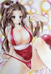 Rule 34 | 1girl, bare shoulders, blue eyes, blush, breasts, brown hair, cameltoe, cleavage, curvy, fatal fury, hair ribbon, highres, large breasts, long hair, looking at viewer, ponytail, ribbon, shiranui mai, sitting, smile, solo, thick thighs, thighs, twobee, wide hips