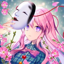 Rule 34 | 1girl, blue background, blue shirt, bow, bowtie, breasts, chromatic aberration, circle, commentary request, fingernails, flower, gradient background, hair between eyes, hand up, hata no kokoro, highres, holding, holding mask, light particles, long hair, long sleeves, looking at viewer, mask, mask on head, medium breasts, momoshiki tsubaki, petals, pink bow, pink bowtie, pink eyes, pink flower, pink hair, pink lips, plaid, plaid shirt, shirt, sidelocks, solo, sparkle, star (symbol), touhou, upper body, white background, wing collar