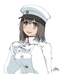 Rule 34 | 10s, 1girl, 2016, 4suke, :d, akitsu maru (kancolle), alternate eye color, alternate skin color, artist name, blush, brown eyes, dated, gloves, hat, interlocked fingers, kantai collection, long sleeves, military, military uniform, open mouth, peaked cap, short hair, simple background, smile, solo, uniform, upper body, white background, white gloves, white hat