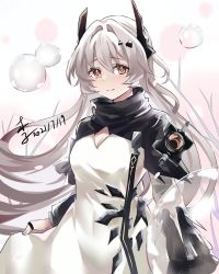 Rule 34 | 1girl, arknights, black scarf, blush, breasts, cleavage, closed mouth, dated, dress, hair intakes, hair ornament, hairclip, highres, horns, long hair, looking at viewer, medium breasts, muzi (muaz), red eyes, scarf, silver hair, simple background, smile, solo, theresa (arknights), white dress, wide sleeves