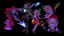 Rule 34 | 2girls, ascot, black background, blonde hair, cowboy shot, dress, eyepatch, fish girl, flandre scarlet, full body, hat, hat ribbon, highres, holding, holding polearm, holding weapon, hoshiringo0902, laevatein (touhou), long hair, mary janes, mob cap, multiple girls, open mouth, polearm, red dress, red hair, red ribbon, ribbon, shoes, side ponytail, simple background, spear, touhou, undertale, undyne, upper body, weapon, yellow ascot