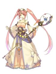 Rule 34 | 1girl, breasts, character request, circlet, detached sleeves, end breaker!, full body, hidari (left side), holding, large breasts, long hair, official art, open mouth, orange eyes, pink hair, simple background, solo, staff, twintails, very long hair, white background, wide sleeves