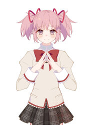 Rule 34 | 1girl, absurdres, black skirt, closed mouth, cowboy shot, dot nose, eyelashes, fingernails, flat chest, flower in eye, front slit, hair ribbon, halftone, hands up, high collar, highres, juliet sleeves, kaname madoka, light blush, long sleeves, looking at viewer, mahou shoujo madoka magica, mahou shoujo madoka magica (anime), mitakihara school uniform, momuraer, neck ribbon, own hands together, pink eyes, pink hair, plaid, plaid skirt, pleated skirt, puffy sleeves, red ribbon, ribbon, school uniform, short twintails, sidelocks, simple background, skirt, smile, solo, steepled fingers, symbol in eye, twintails, white background