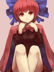 Rule 34 | 1girl, bare legs, blouse, bow, cape, hair bow, head tilt, highres, knees up, light smile, long sleeves, looking at viewer, purple background, red eyes, red hair, sekibanki, shirt, shone, short hair, simple background, skirt, solo, touhou