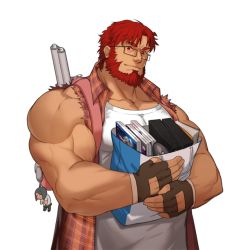 Rule 34 | 1boy, bag, beard, bespectacled, biceps, black gloves, facial hair, fate/grand order, fate/zero, fate (series), fingerless gloves, glasses, gloves, gomtang, iskandar (fate), charm (object), large pectorals, looking at viewer, male focus, manly, muscular, pectorals, plaid, plaid shirt, poster (object), red eyes, red hair, sensha otoko, shirt, shopping bag, solo, torn clothes, torn sleeves, upper body, waver velvet
