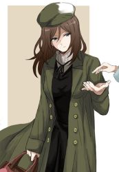 Rule 34 | 1girl, alpachiiino, bag, black dress, black hair, black neckwear, blue eyes, brown background, cabbie hat, casual, closed mouth, coat, commentary, cowboy shot, dress, girls und panzer, green coat, green headwear, handbag, hat, head tilt, holding, holding bag, holding handbag, long dress, long hair, looking at viewer, neck ribbon, nonna (girls und panzer), out of frame, outside border, ribbon, smile, solo focus, standing, sweater, swept bangs, trench coat, turtleneck, turtleneck sweater, white sweater