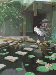 Rule 34 | 1girl, commission, highres, lefko d, lily pad, original, outdoors, pink hair, pond, realistic, scenery, solo, structure, water lily flower
