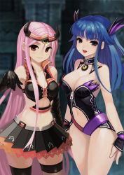 Rule 34 | 2girls, :d, arin, arm at side, bare shoulders, black gloves, black legwear, black skirt, blue hair, blurry, blush, breasts, breasts apart, cleavage, closed mouth, cowboy shot, crop top, depth of field, detached collar, elbow gloves, frilled shirt, frills, gloves, hair between eyes, headpiece, highres, kamdia, large breasts, long hair, looking at viewer, lucia (pangya), multiple girls, open mouth, pangya, pink hair, pleated skirt, purple eyes, red eyes, shirt, skirt, sleeveless, sleeveless shirt, smile, striped, thighhighs, very long hair, wrist cuffs, zettai ryouiki