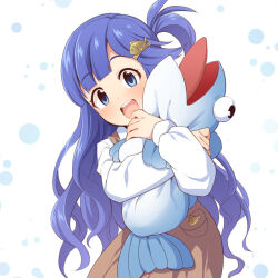 Rule 34 | 1girl, :d, asari nanami, blue eyes, blue hair, blush, brown dress, dress, fish hair ornament, hair ornament, hair rings, hairclip, hugging object, idolmaster, idolmaster cinderella girls, leaning to the side, long sleeves, looking at viewer, open mouth, revision, shirt, simple background, sleeveless, sleeveless dress, smile, solo, stuffed animal, stuffed fish, stuffed toy, teeth, uccow, upper teeth only, white background, white shirt