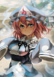 Rule 34 | 1girl, bow, breasts, center frills, day, female focus, frills, ghost, hands in opposite sleeves, hat, hitodama, japanese clothes, looking at viewer, outdoors, pink eyes, pink hair, saigyouji yuyuko, sash, shimoda-kon, short hair, smile, solo, touhou, triangular headpiece, upper body