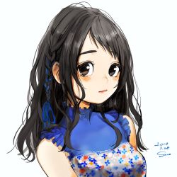 Rule 34 | 1girl, bare shoulders, black eyes, black hair, blue dress, blue ribbon, blush, braid, breasts, closed mouth, commentary request, dated, dress, hair ribbon, highres, lipstick, looking at viewer, makeup, medium breasts, red lips, ribbon, sako (35s 00), side braid, signature, simple background, single braid, solo, white background
