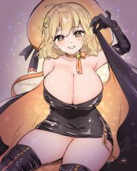 Rule 34 | 1girl, ahoge, anis (nikke), black cape, black dress, black gloves, black thighhighs, blonde hair, blush, breasts, cape, cleavage, curvy, dress, elbow gloves, gloves, goddess of victory: nikke, grin, halloween, halloween costume, highres, holding, huge breasts, large breasts, looking at viewer, neck ribbon, orange cape, orange ribbon, ribbon, short hair, skindentation, sleeveless, smile, solo, thick thighs, thighhighs, thighs, torisenpai art, twitter username, two-tone cape, witch, yellow eyes