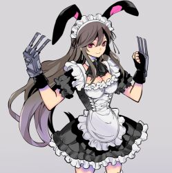 Rule 34 | 1girl, animal ears, apron, black gloves, black hair, breasts, brown hair, claw (weapon), cleavage, clenched hands, closed mouth, commentary request, dress, earrings, final fantasy, final fantasy vii, final fantasy vii remake, fingerless gloves, frilled dress, frilled skirt, frilled sleeves, frills, gloves, grey background, hair between eyes, hands up, jewelry, long hair, looking at viewer, lowres, maid, maid apron, maid headdress, medium breasts, mono0805, puffy short sleeves, puffy sleeves, rabbit ears, red eyes, short sleeves, sidelocks, simple background, skirt, smile, solo, tifa lockhart, upper body, weapon
