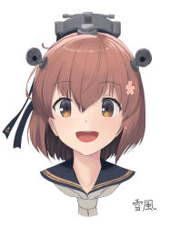 Rule 34 | 1girl, black ribbon, blue sailor collar, bob cut, brown eyes, brown hair, character name, close-up, commentary, cropped torso, flower, grey neckerchief, hair flower, hair ornament, hair ribbon, headgear, highres, kantai collection, looking at viewer, neckerchief, open mouth, pink flower, portrait, raised eyebrows, ribbon, sailor collar, school uniform, serafuku, short hair, simple background, solo, straight-on, teeth, translated, upper teeth only, white background, yuki 4040, yukikaze (kancolle)