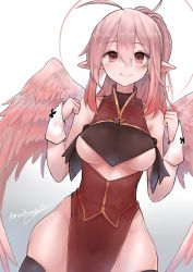 Rule 34 | 1girl, absurdres, ahoge, alpha transparency, bare shoulders, borrowed character, breasts, brown thighhighs, closed mouth, commentary, cowboy shot, dress, english commentary, feathered wings, halo, hands up, haohi (less), highres, large breasts, looking at viewer, neonbeat, original, pelvic curtain, pink hair, pink wings, pointy ears, ponytail, red dress, red eyes, signature, smile, solo, thighhighs, transparent background, underboob, wings, wristband