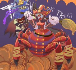 Rule 34 | archnemon, arthropod girl, cosplay, digimon, halloween, halloween costume, highres, insect girl, looking at another, mask, mummy, mummymon, spider girl, witchmon, witchmon (cosplay), wizarmon, wizarmon (cosplay), wizarmon x-antibody, wizarmon x-antibody (cosplay)