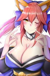 Rule 34 | 10s, 1girl, ;), animal ears, bare shoulders, blue kimono, blush, breasts, choker, cleavage, closed mouth, collarbone, detached sleeves, fang, fate/extra, fate (series), fox ears, fox shadow puppet, hair between eyes, hair ribbon, highres, japanese clothes, kimono, kuuki (rakam), large breasts, long sleeves, looking at viewer, obi, one eye closed, pink hair, ribbon, sash, smile, solo, tamamo (fate), tamamo no mae (fate/extra), twintails, yellow eyes