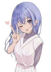 Rule 34 | 1girl, ;p, arm behind back, blue hair, blush, grey shirt, heart, highres, idolmaster, idolmaster shiny colors, kemololi, long hair, looking at viewer, one eye closed, pleated skirt, purple eyes, shirt, simple background, skirt, smile, solo, suzuki hana, sweater vest, tongue, tongue out, v, vest, white background, white skirt, white vest