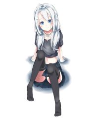 1girl ahoge aoi_takeru black_panties black_thighhighs blue_eyes collar female_focus highres long_hair looking_at_viewer low_twintails navel original panties pantyshot silver_hair simple_background sitting skirt smile solo thighhighs twintails underwear white_background