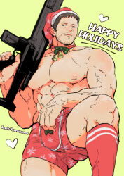 Rule 34 | 1boy, abs, bara, bell, black hair, choker, chris redfield, facial hair, gun, happy holidays, hat, highres, holding, holding gun, holding weapon, kuconoms, large pectorals, leg up, male focus, male underwear, muscular, muscular male, navel, neck bell, nipples, pectorals, red choker, red male underwear, resident evil, resident evil 6, santa hat, short hair, solo, thick thighs, thighs, twitter username, underwear, weapon