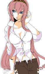 Rule 34 | 1girl, adjusting hair, blue eyes, breasts, buttons, cleavage, dress shirt, female pubic hair, headband, highres, kondoru, long hair, megurine luka, open clothes, open shirt, pants, pink hair, pubic hair, shirt, sleeves rolled up, solo, unbuttoned, very long hair, vocaloid