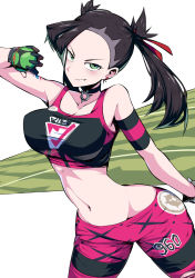 Rule 34 | 1girl, armband, asymmetrical hair, bare shoulders, black hair, breasts, choker, collarbone, cowboy shot, creatures (company), crop top, earrings, forehead, game freak, gloves, green eyes, hair ribbon, highres, jewelry, large breasts, leggings, looking at viewer, marnie (pokemon), midriff, navel, nintendo, poke ball, pokemon, pokemon swsh, ribbon, shimure (460), simple background, sleeveless, smile, solo, sportswear, twintails, white background