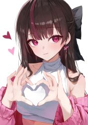 Rule 34 | 1girl, armpit crease, bare shoulders, bow, breasts, brown hair, closed mouth, crop top, earrings, gnns, hair bow, hands up, heart, heart hands, highres, jacket, jewelry, jururu, long hair, looking at viewer, medium breasts, midriff, multicolored hair, off shoulder, open clothes, open jacket, pink eyes, pink jacket, shirt, simple background, sleeveless, sleeveless shirt, sleeveless turtleneck, smile, solo, streaked hair, turtleneck, upper body, virtual youtuber, waktaverse, white background, white shirt