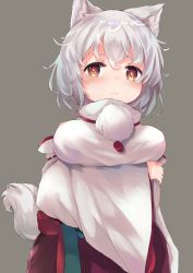 Rule 34 | 1girl, animal ears, bare shoulders, breast hold, breasts, detached sleeves, grey background, highres, inubashiri momiji, inushida (dogsheepsheep), large breasts, looking at viewer, pom pom (clothes), red eyes, red skirt, ribbon-trimmed sleeves, ribbon trim, shirt, short hair, silver hair, simple background, skirt, sleeveless, sleeveless shirt, solo, tail, touhou, turtleneck, white shirt, wolf ears, wolf tail