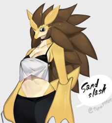 Rule 34 | animal ears, black sclera, bra, breasts, bright pupils, brown hair, claws, cleavage, colored sclera, colored skin, creatures (company), crop top, furry, furry female, game freak, gen 1 pokemon, highres, large breasts, leggings, long hair, midriff, navel, nintendo, pokemon, pokemon (creature), sandslash, spiked hair, thick thighs, thighs, togetoge, underwear, white pupils, yellow skin