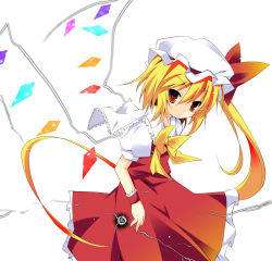 Rule 34 | 1girl, bad id, bad pixiv id, blonde hair, blouse, collared shirt, female focus, flandre scarlet, from side, hair between eyes, hat, hinata ichi, long hair, mob cap, red eyes, red wrist cuffs, shirt, side ponytail, solo, touhou, white hat, white shirt, wings, wrist cuffs