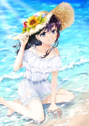 Rule 34 | 1girl, barefoot, beach, black hair, blue eyes, day, dress, flower, hat, hat flower, highres, joma0115, long hair, looking at viewer, nail polish, ocean, original, outdoors, sitting, smile, solo, straw hat, sunflower, wariza, water, white dress