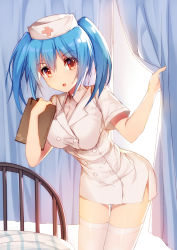Rule 34 | 1girl, :d, absurdres, bed, bison cangshu, blue hair, breasts, buttons, clipboard, cowboy shot, cross print, curtains, eyebrows, hat, highres, holding, leaning forward, looking at viewer, medium breasts, nurse, nurse cap, open mouth, prinz eugen (warship girls r), red eyes, short sleeves, short twintails, smile, solo, standing, tareme, thigh gap, thighhighs, twintails, warship girls r, white hat, white thighhighs, wing collar, zettai ryouiki