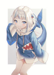 Rule 34 | 1girl, animal hood, blue eyes, blue hair, blue hoodie, blunt bangs, blush, border, cha chya, closed mouth, commentary, fins, fish tail, gawr gura, gawr gura (1st costume), grey background, hair ornament, highres, hololive, hololive english, hood, hood down, hoodie, leaning forward, long hair, long sleeves, looking at viewer, multicolored hair, open mouth, outside border, shark girl, shark hair ornament, shark hood, shark tail, sharp teeth, sleeves past fingers, sleeves past wrists, smile, solo, streaked hair, tail, teeth, virtual youtuber, white border, white hair