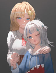 Rule 34 | 2girls, animal hood, arm around shoulder, blonde hair, blue eyes, blue hair, blue hoodie, blue nails, blush, breasts, brown skirt, chilakkk, commentary, cowboy shot, flat chest, gawr gura, gawr gura (1st costume), gear hair ornament, grey background, grin, height difference, highres, holding hands, hololive, hololive english, hood, hoodie, lips, long sleeves, looking at viewer, medium breasts, medium hair, multicolored hair, multiple girls, nail polish, necktie, one eye closed, open mouth, parted bangs, plaid, plaid skirt, red neckwear, shark hood, sharp teeth, shirt tucked in, short hair, short necktie, short twintails, signature, silver hair, simple background, skirt, smile, streaked hair, symbol-only commentary, teeth, twintails, two-tone hair, two side up, upper body, virtual youtuber, watson amelia