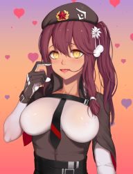 Rule 34 | 1girl, absurdres, bad id, bad pixiv id, belt, belt buckle, beret, between breasts, blush, breasts, buckle, chest strap, collarbone, dark-skinned female, dark skin, girls&#039; frontline, gloves, gradient background, greem bang, hair between eyes, hair in own mouth, hair ornament, hat, heart, heart background, highres, large breasts, long hair, looking at viewer, one side up, purple hair, red star, saiga-12 (girls&#039; frontline), scratching cheek, solo, star (symbol), upper body, yellow eyes